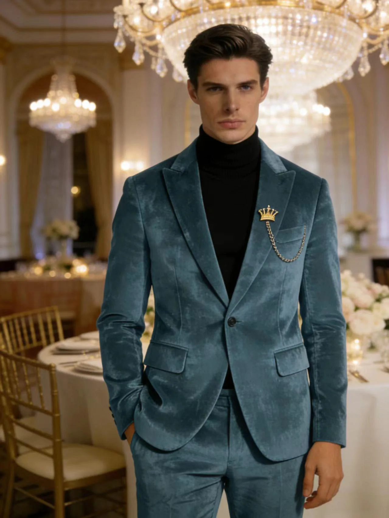 

Men's Teal Velvet Blazer 1 Button Single Breasted Slim Fit Formal Wedding Party Suit Jacket