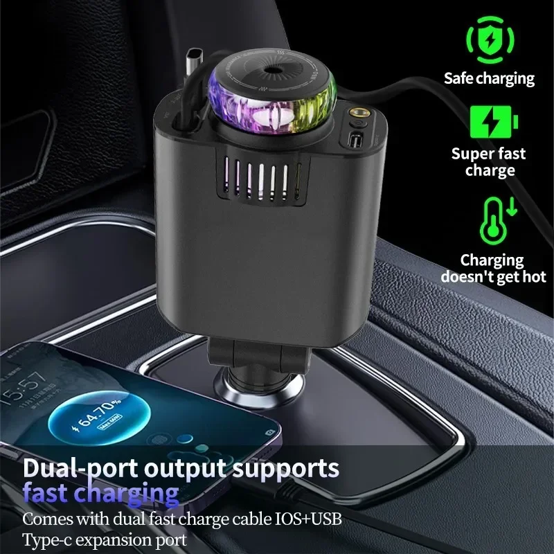 45W 5 in 1 Aroma Starlight Car Charger with Retractable Cable& Air Freshner USB/Type C PD3.0 Car Phone Faster Charger