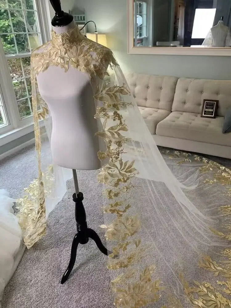 Stand up collar shawl with gold lace trim for wedding party outfits, paired with long single-layer trailing mesh