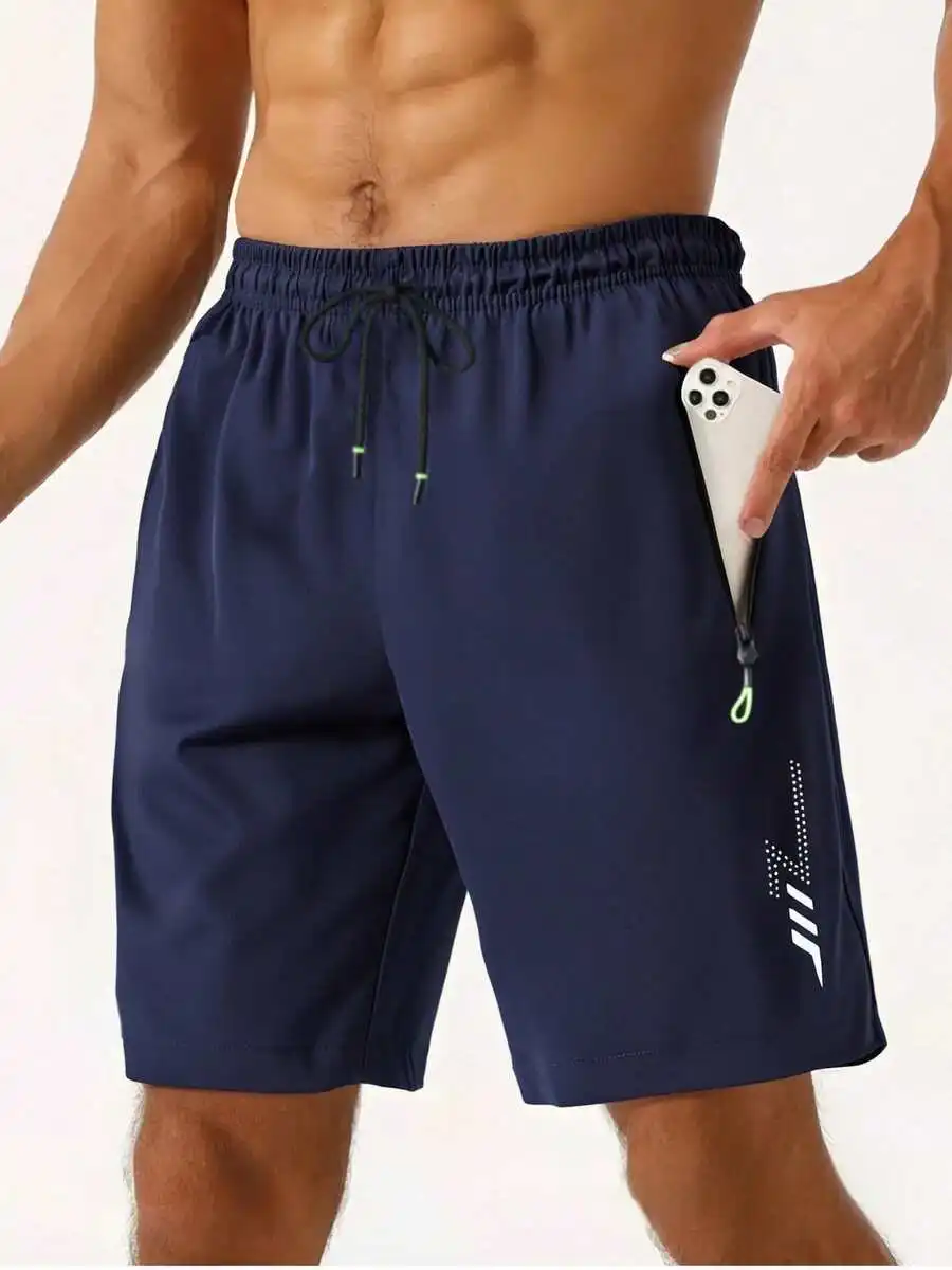 

Mens Lightweight Stretch Shorts With Zipper Pockets Reflective Print Knee Length Sports Beach Fitness