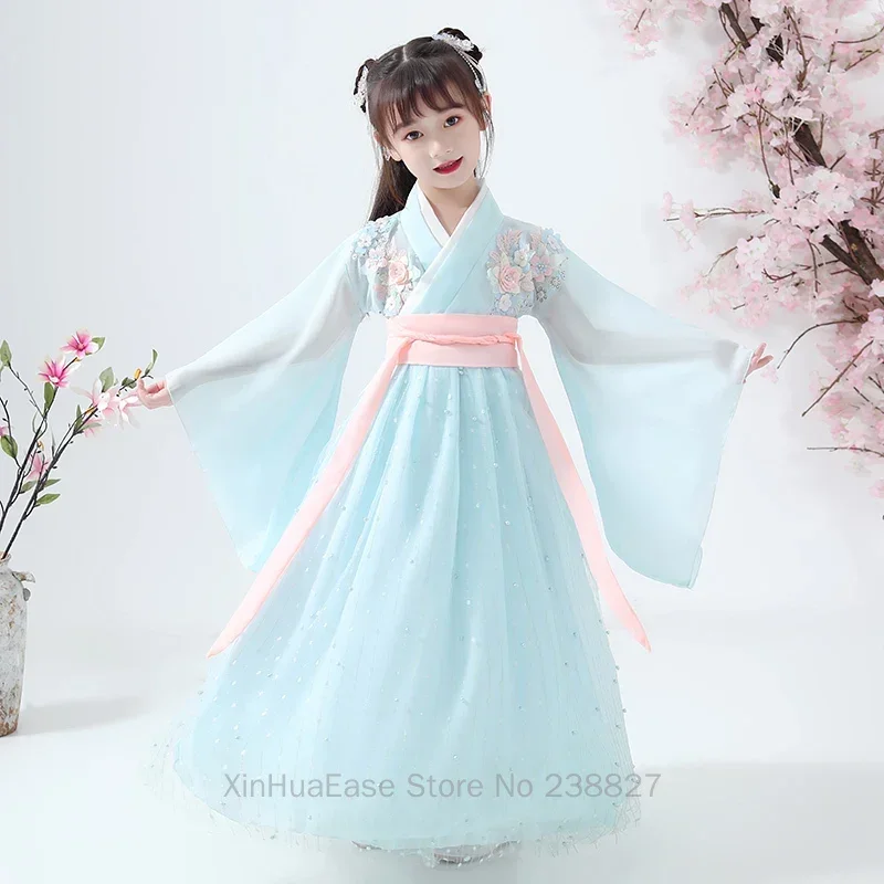 In Stock Hanfu Little Girls' Summer Chinese Style Traditional Dresses Kids Fairy Ancient Costume Children Cosplay Folk Dance