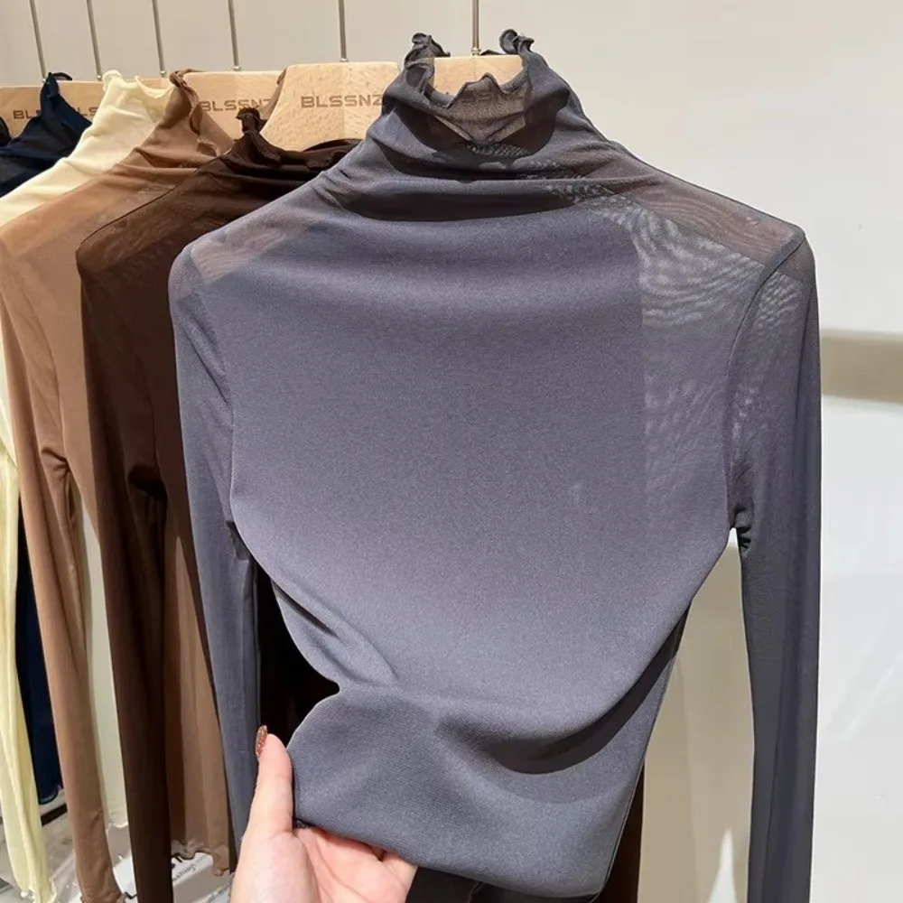 Elegant Lace Pullovers Slim Fit Sheer Fabric Long Sleeve Blouse Solid Color Long Sleeve See Through T-Shirt