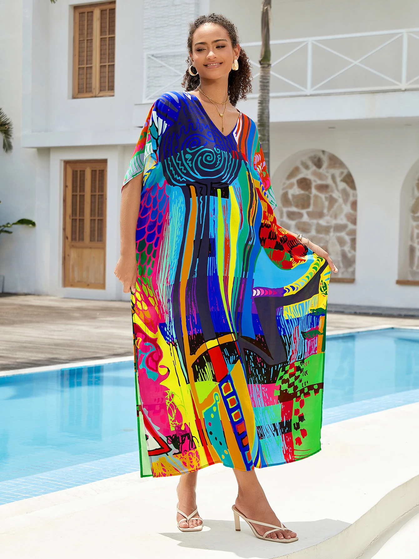 女性用カフタンワンピース、プラスサイズ水着カバーアップ、Vネック、バットウィングドレス、ゆったりフィット、モロッコ風カフタン、ムームードレス