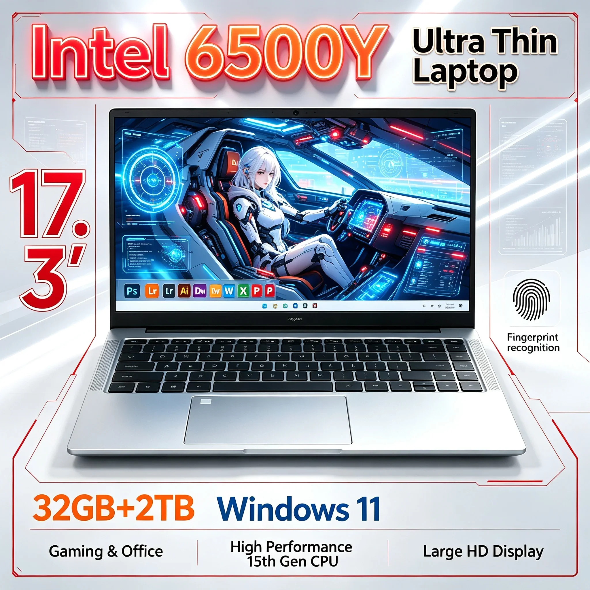 17.3'' HD Notebook Computer Intel 6500Y 32GB RAM 1TB 2TB SSD Windows11 BT5.2 WiFi6 Portable Laptop For Home Daily Study Work