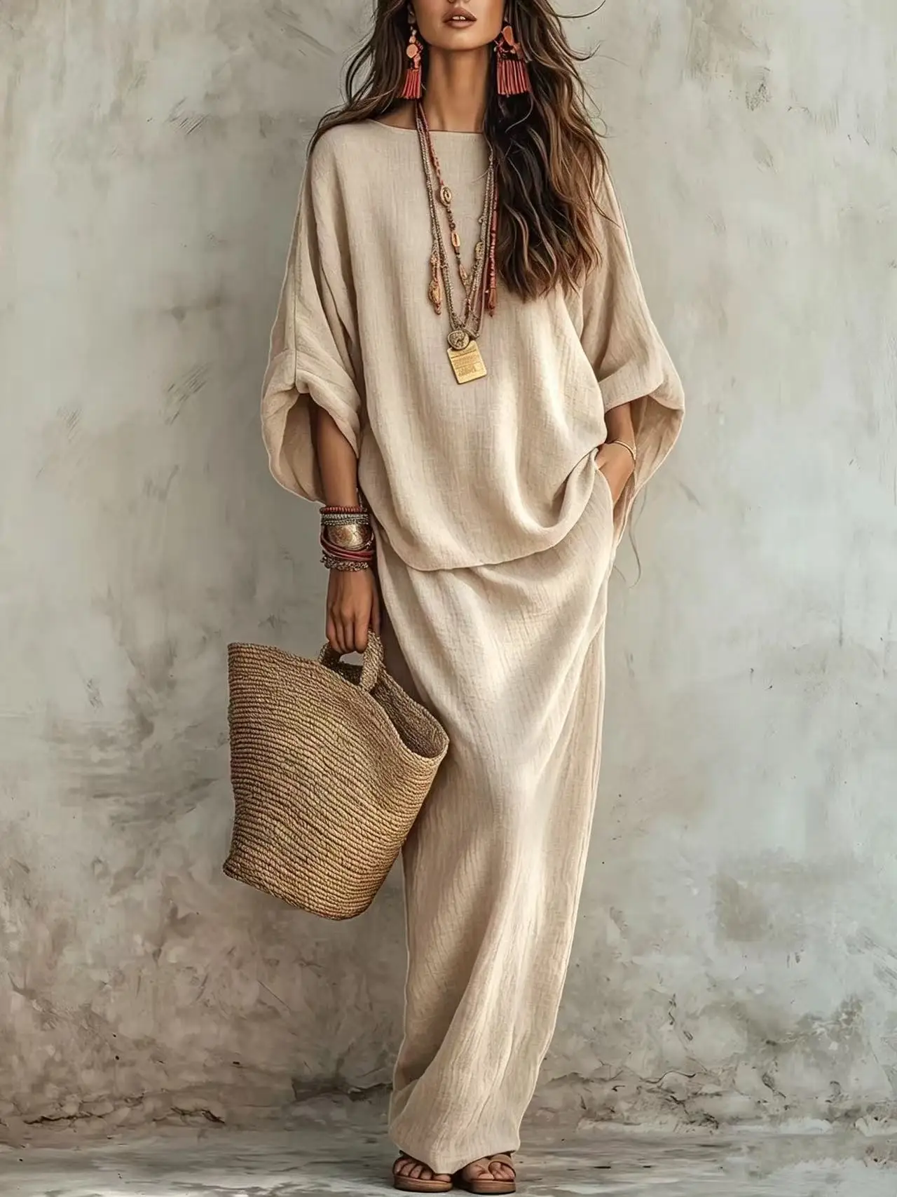 New Winter Autumn Skirt Sets Elegant Fashionable Simple Loose-fitting Long-sleeved Round-neck Top Long Skirt Two-piece Set