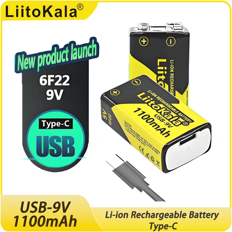 4-50pcs LiitoKala USB-9V 1100mAh Li-ion Rechargeable Battery Type-C Charges Up to 1500 Cycles