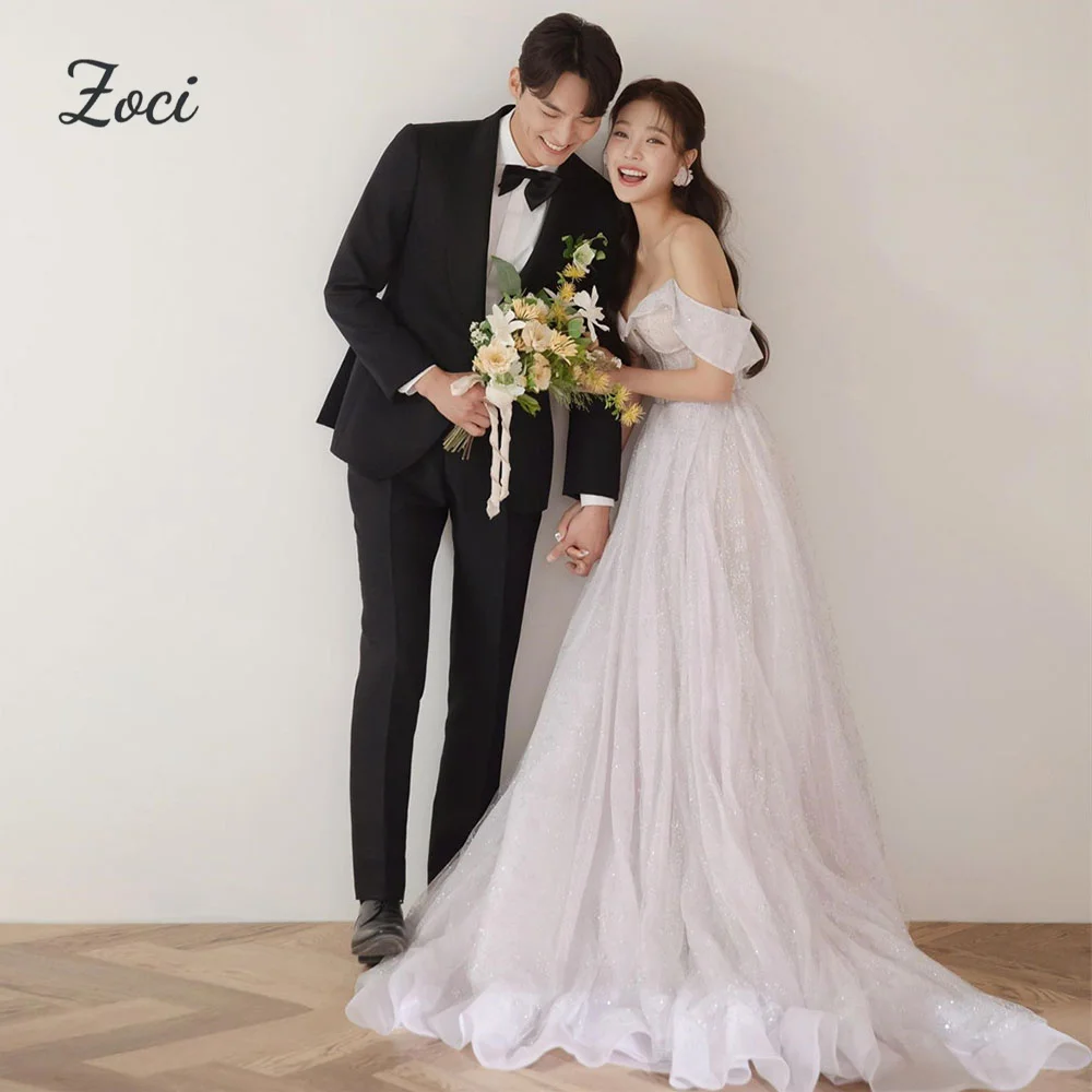 

Zoci Shiny Tulle Korea Evening Dresses Fairy Off the Shoulder Wedding Dresses Customized Women Photos Shoot Bridal Gown