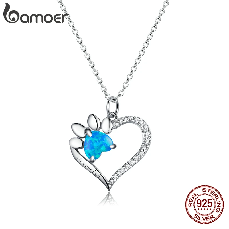 bamoer 925 Sterling Silver Heart Trace Blue Zircon Paw Dazzling Pendant Necklace Chain for Women Fashion Jewelry Gift BSN225