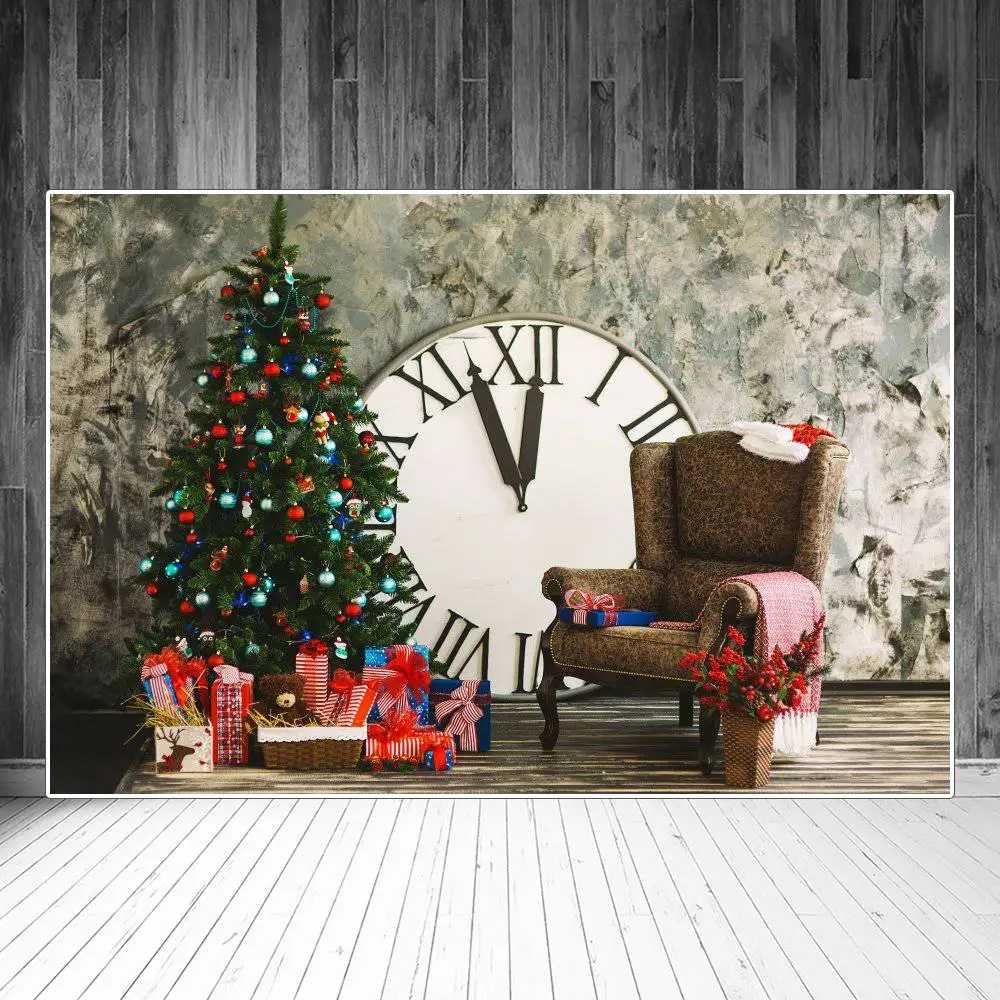 Christmas Tree Gift Clock Sofa Interior Scene Photography Backgrounds Custom Baby Party Decoration Photo Booth Backdrops Props