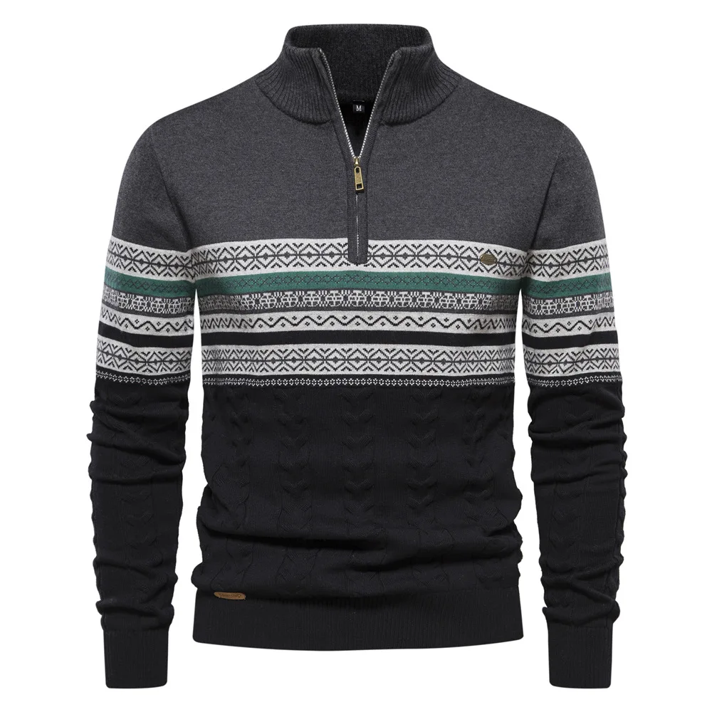 Men's Color-coded Striped Casual Trendy Simple Basic Daily Stand Collar Long Sleeve Knitted Sweater Pullovers Male Clothes Tops