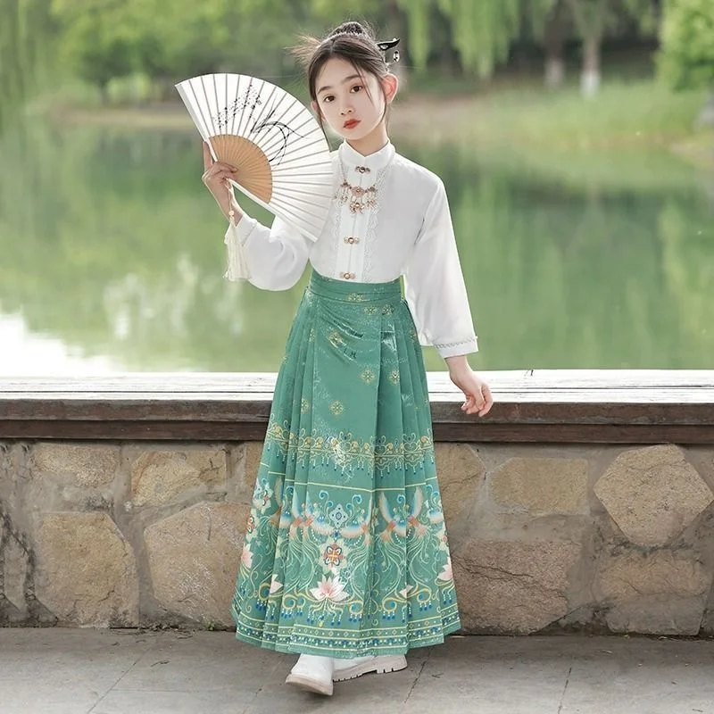 

Cute Children's Hanfu Chinese Pattern Print Dress Style Ancient Costume Horse Face Skirt Gold Weaving Horse Face Performance Set