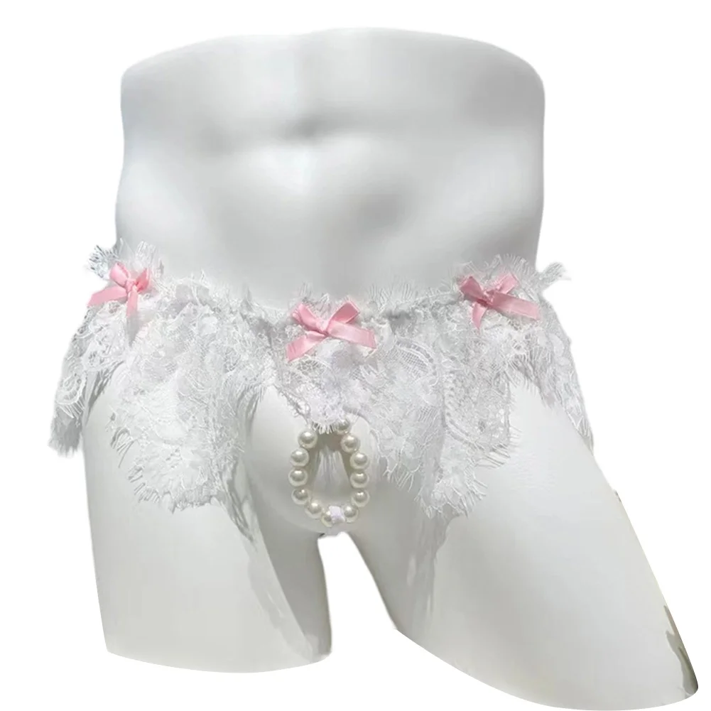 

Men Pearl Pouch Briefs Lace Edge Calcinha Sissy G-string Underwear Hollow Exotic Lingerie Ultra Hot Thong Solid Men's Panties