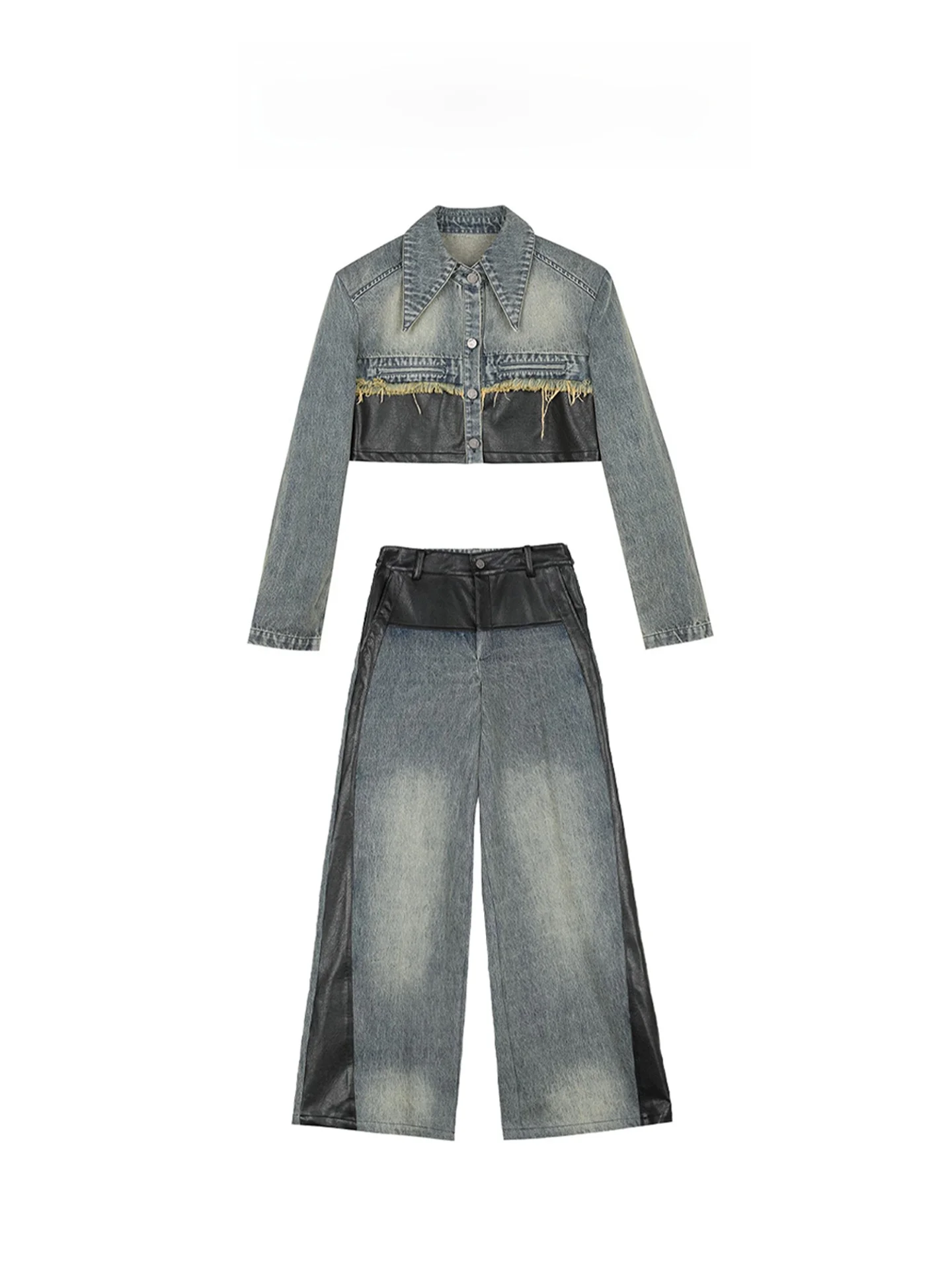 

Комплект из джинсовой одежды Y2K Millennium Spicy Girl: женский весенний высококачественный укороченный жакет и брюки с высокой талией и широкими штанинами, комплект из двух предметов