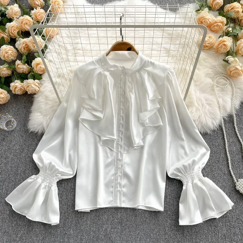 Fashion Korean White Blouse Women Blusas Stand Neck Chiffon Shirts Long Sleeve Ruffles Lace Blouses Vintage Elegant Femme Tops