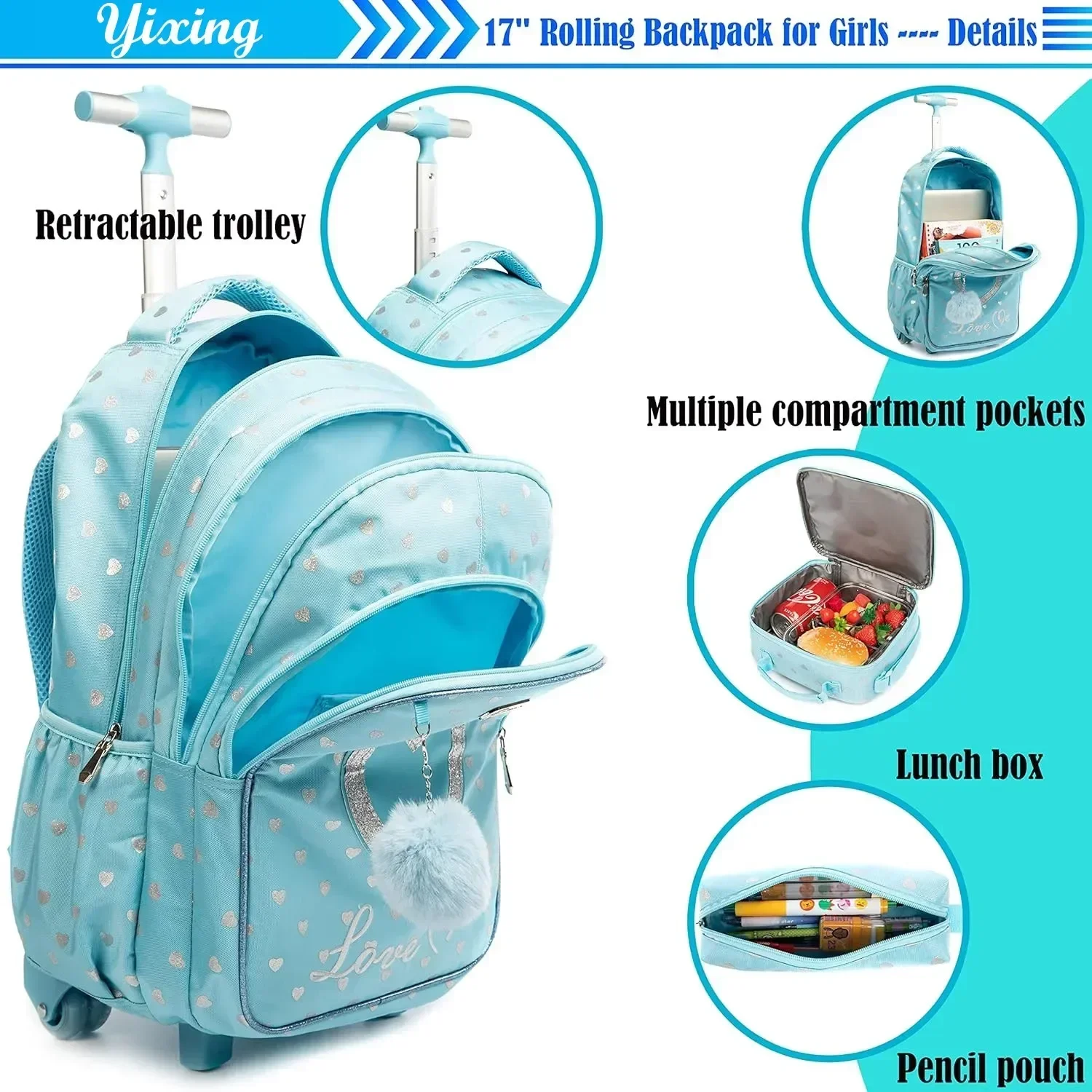 Kinderrugzak met wielen, tassenset met lunchbox, schoolrugzak met wielen, schooltrolley, rugzaktas voor meisjes