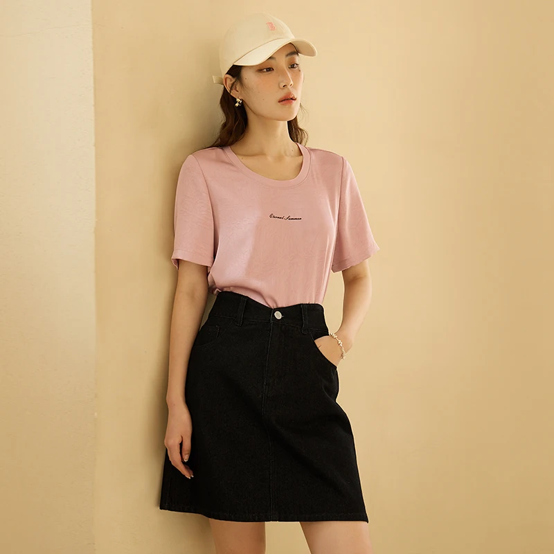 DUSHU Satin Glossy Letter Casual T-shirt Summer New Product Slim Simple Round Neck Slimming Pink Black Tops 24DS82241