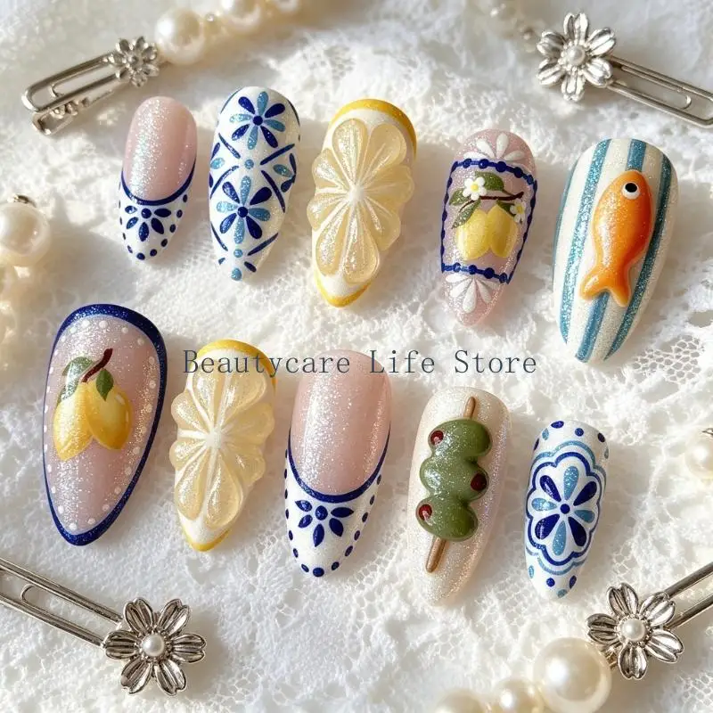 652C Length Press On 30Pieces Gradient Color And Dimensional Floral Patterns