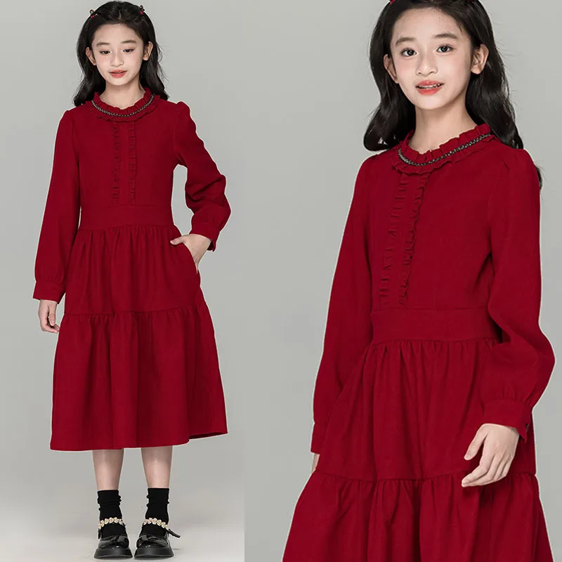 فستان توين خريف شتاء 2025 فساتين سروال قصير أحمر للفتيات الصغيرات ملابس أطفال للبنات مقاس 10-12 7-8 14-16 9 11 13 15 سنة