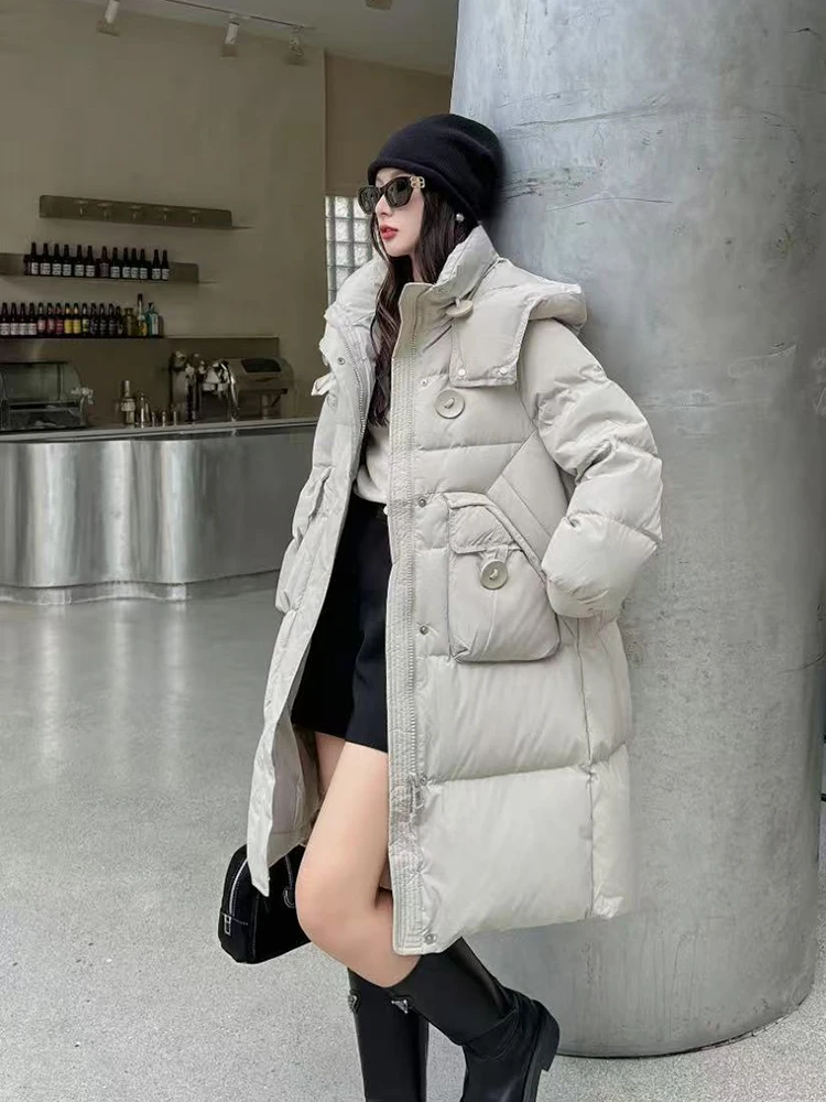 

Winter Warm Hooded Mid Length Down Jacket Female Loose Thicken Long Jackets Women White Duck Down Fluffy Zipper Parker Outwears