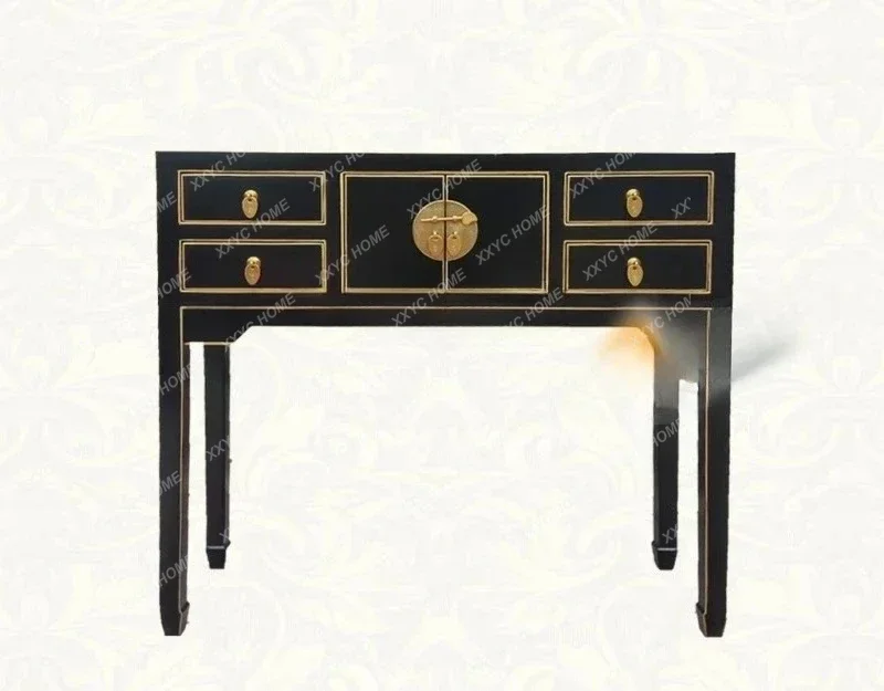 AANew Chinese-style Solid Wood Black Gold-painted Entrance Table, Neoclassical Antique Computer Table