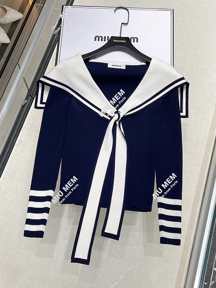 

Высококачественный женский вязаный свитер с сетчатым темно-синим воротником, осенний топ из полиэфирного волокна для колледжа, длинный свек, топ стандартного кроя