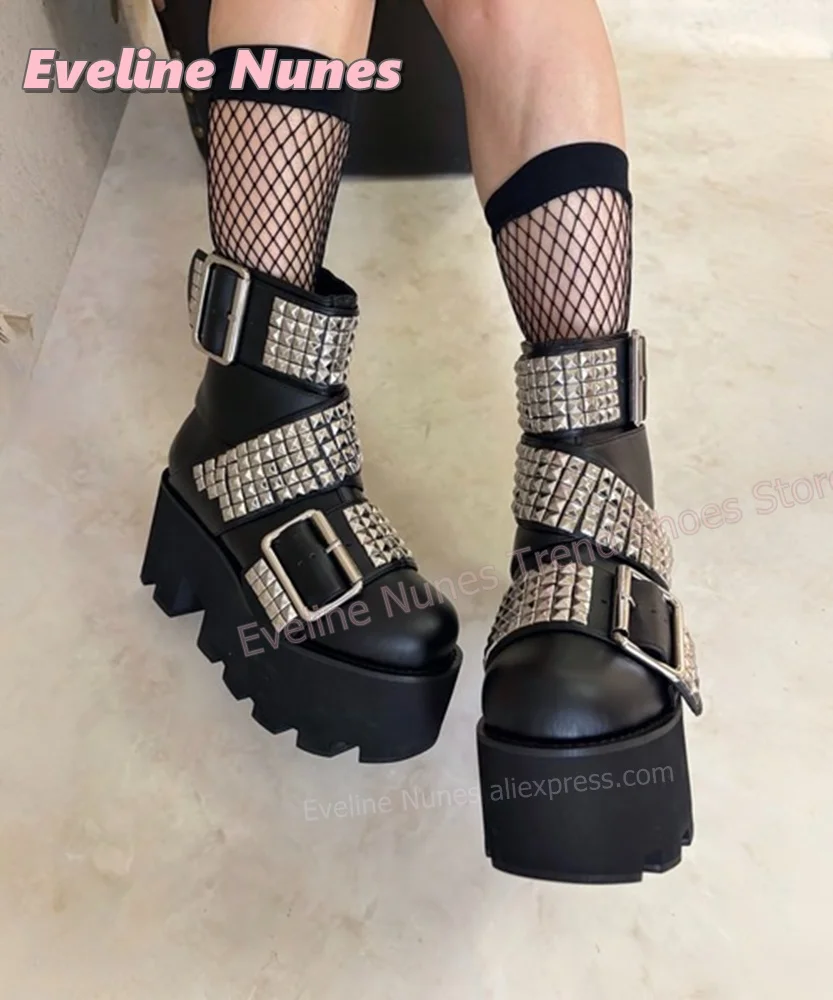 Women Punk Studded Platform Ankle Boots Round Toe Chunky Block Heels Multi Buckle Goth Rock Booties Street Style 2026 New Trend
