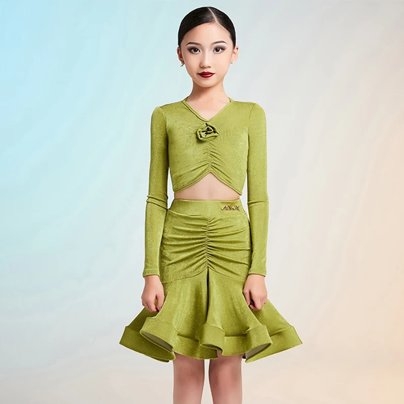 

Одежда для латинских танцев, танцевальная одежда для самбы для девочек, детская тренировочная танцевальная одежда, школьная танцевальная команда, зеленый танцевальный комплект VBH1081