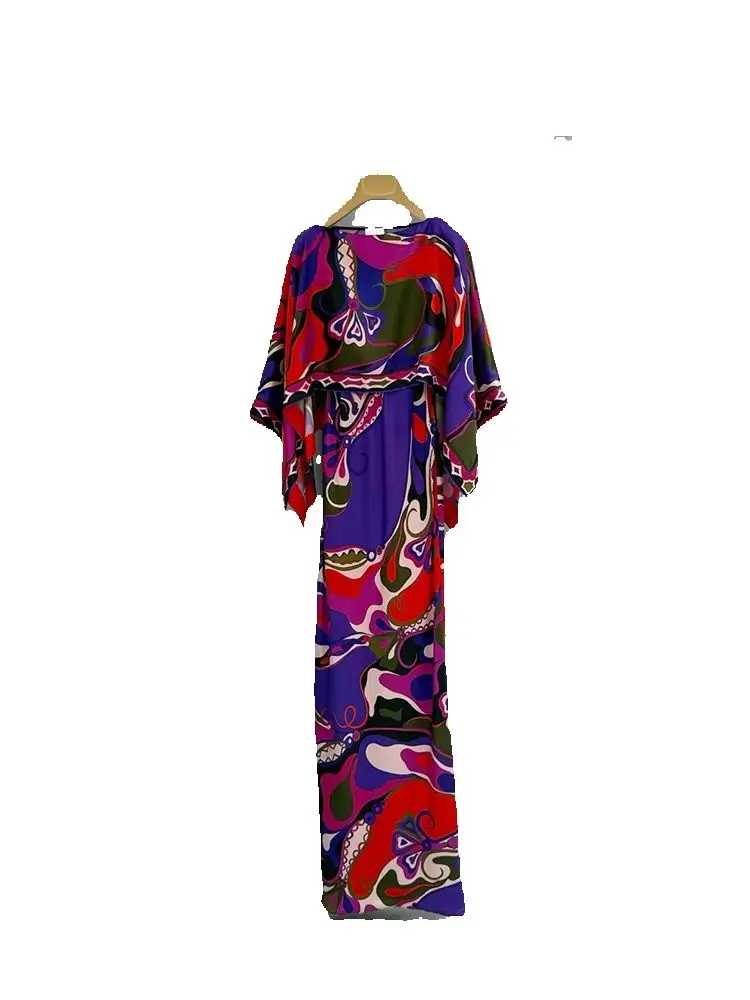 Summer Fashion Party Vintage Geometric Print Long Dress Suit Women's Batwing Sleeve Loose Tops+Spaghetti Strap Slim A-Line Dress