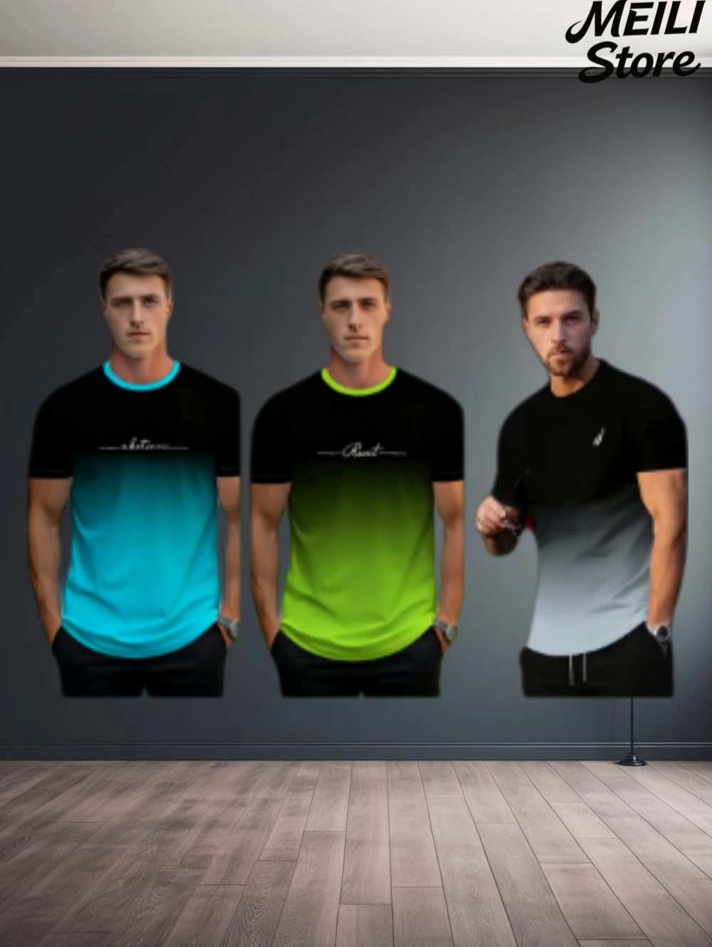 Men's Sports T-Shirts Gradient Reset Letter 3D Printed T-Shirt Machine Washable Outdoor Simple Cool Casual Sports Men Clothing