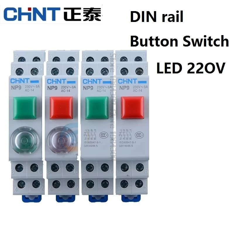 CHINT NP9 AC DC 220V 24V Push Button Card Din Rail Button Switch Reset With Moving Signal Light Led Pushbutton Switch