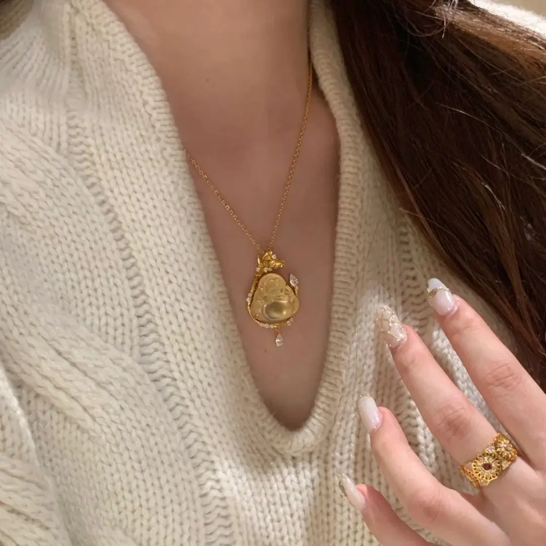 Women's Fashion Necklace 2026 Chinese Style Hand Carved Water Jade Laughing Buddha Pendant Inlaid Zircon Lotus Decor Gold Plated view 4