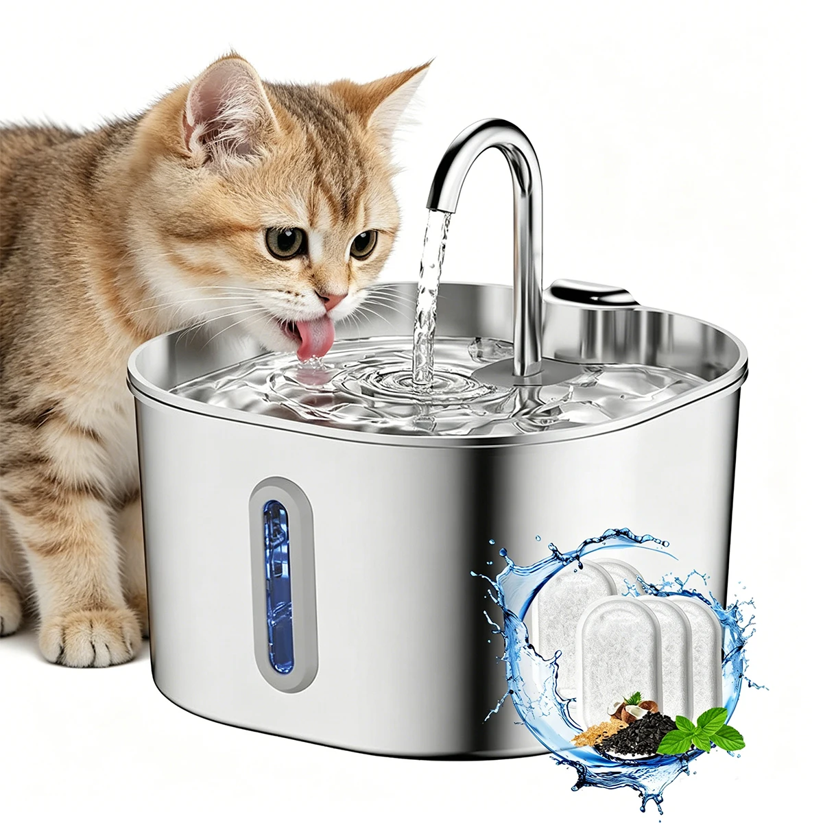 Stainless Steel Cat Water Fountain 2.2l Ultra-Quiet Pet Water Fountain with Filter Visual Window Water Level Led Light