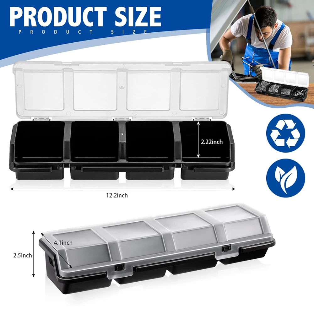 4 Compartments Screw Organizer Box with Lids Small Parts Storage Bin Tool Divider for Garage Sorter Case for Fasteners