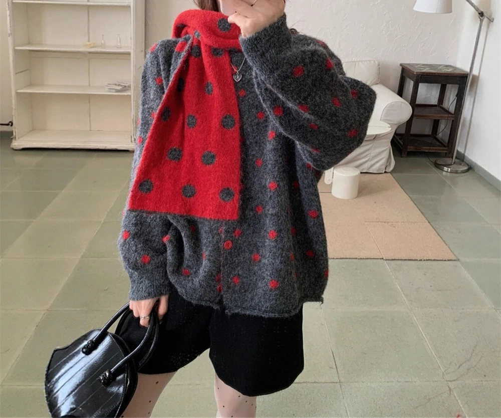 

Polka Dot Sweater Jacket for Women's Autumn and Winter New Style Loose Knit Cardigan Top with Scarf Included