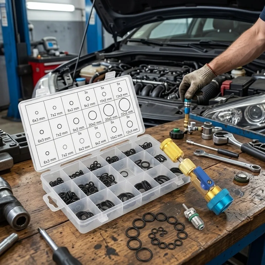 AC Repair Kit Adjustable Valve Core Removal Tool 225pcs O-Ring Seal Set For Automotive HVAC System Maintenance