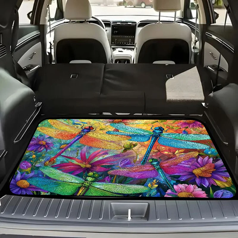 One Stylish Trunk Mat Featuring A Stained-Glass Design With Colorful Dragonflies And Bright Flowers In A Kaleidoscopic Garden. M