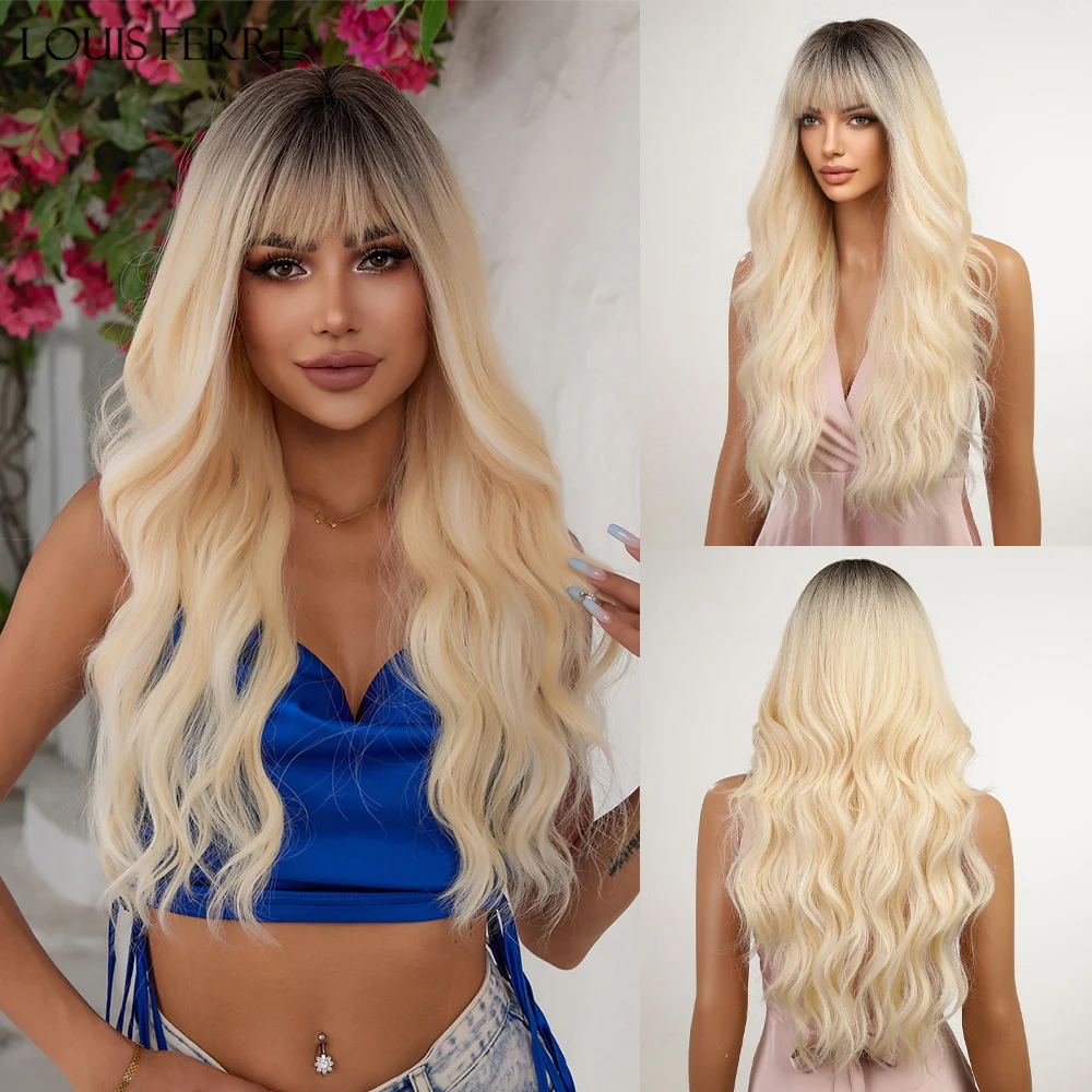 

LOUIS FERRE Long Blonde Ombre Synthetic Wig Natural Wave Wig With Bangs for Women Cosplay Party Hair Heat Resistant Fiber Wig