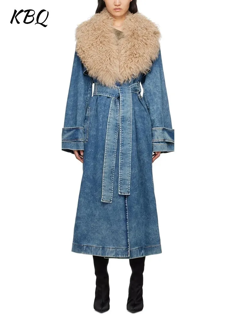 Kbq Patchwork Lamm wolle Hit Farbe Chic Denim Trench für Frauen Revers Langarm Patchwork Schnürung lässig lose Gräben weiblich