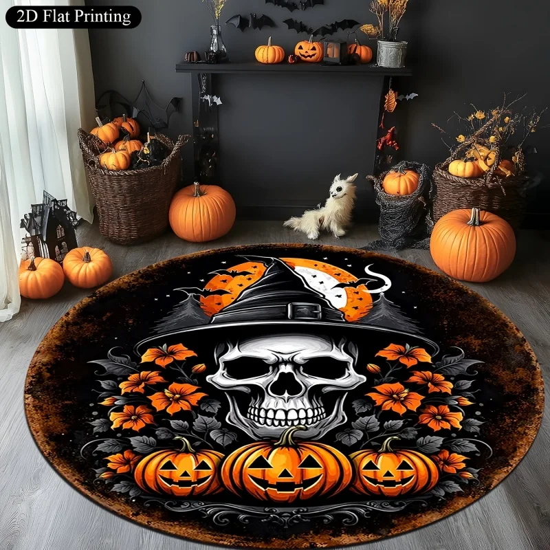 Witch Hat Skull Pumpkin Halloween Round Rug, Bat Moon Flower Printed Circular Floor Mat, Spooky Indoor Home Decoration