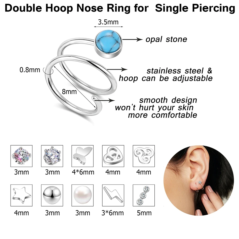 ZS 20G 1PC Double Nose Ring Hoop Stainless Steel Twist Hoop Earrings for Women Nostril Piercing Spiral Septum Ring Helix EarrinG