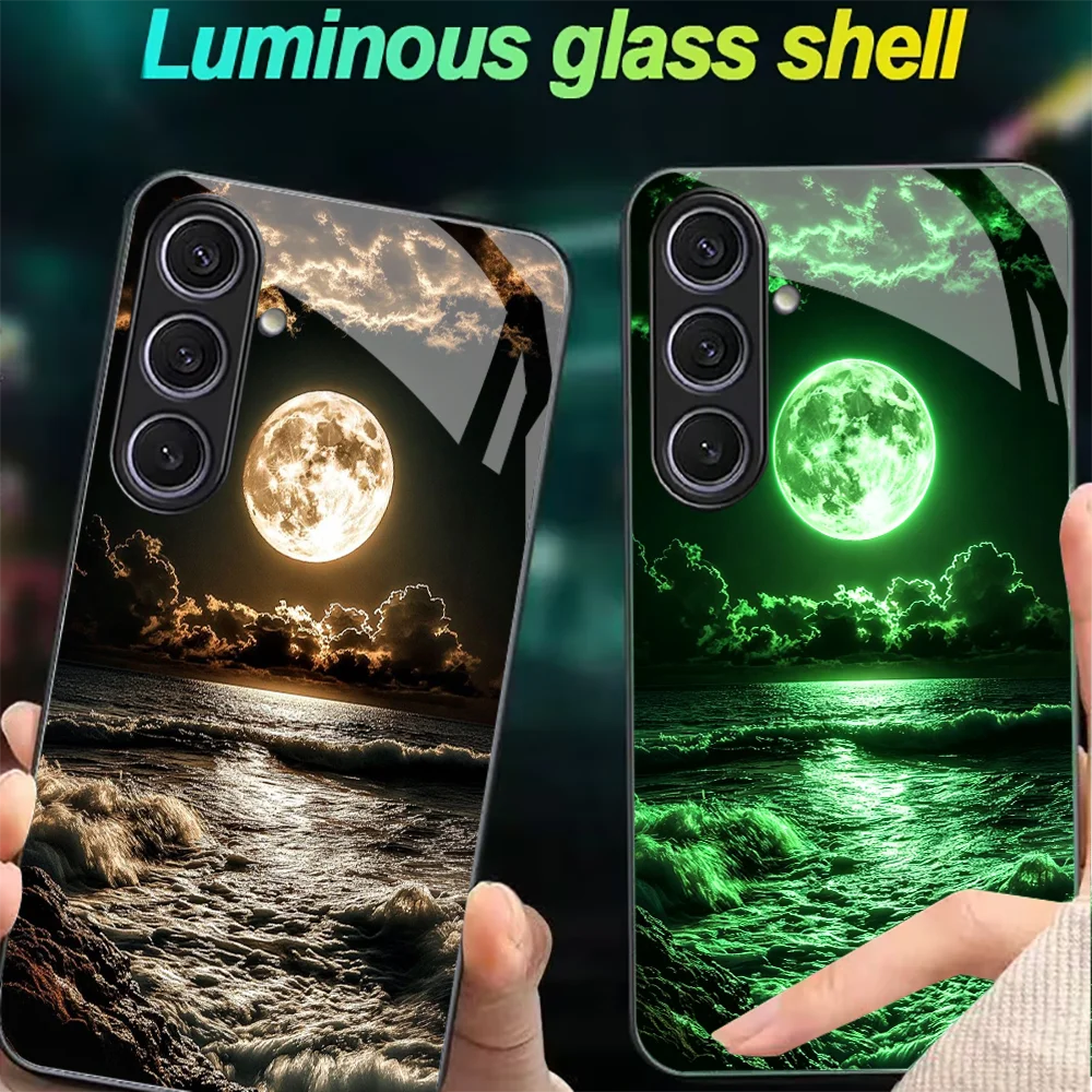 moon falls sea Night glow glass phone case for Samsung Galaxy S26/S25/S24/S23/S22/S21 FE Ultra Plus fluorescent Dropresistant
