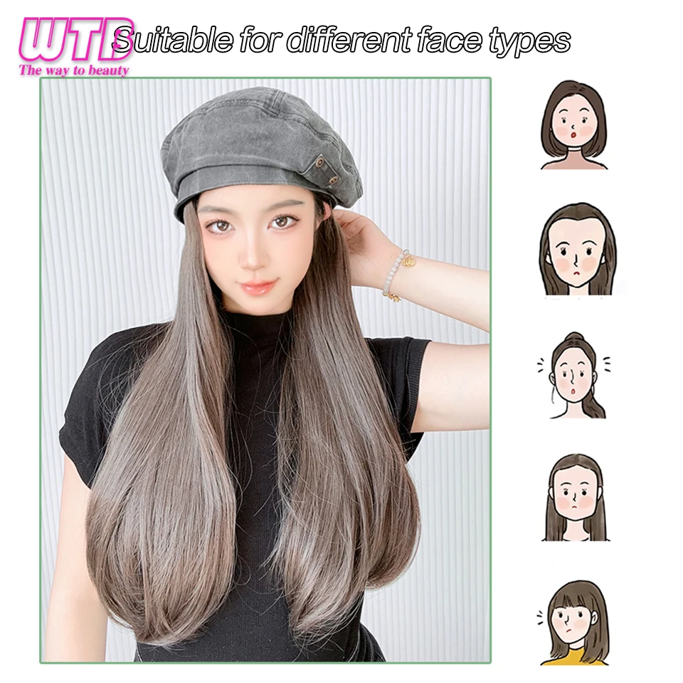 WTB Hat Wig Fashion Women\'s Denim Beret Synthetic Long Straight wig Winter Hat Wig Hat One-piece Wig Keeps Warm and Fashionable