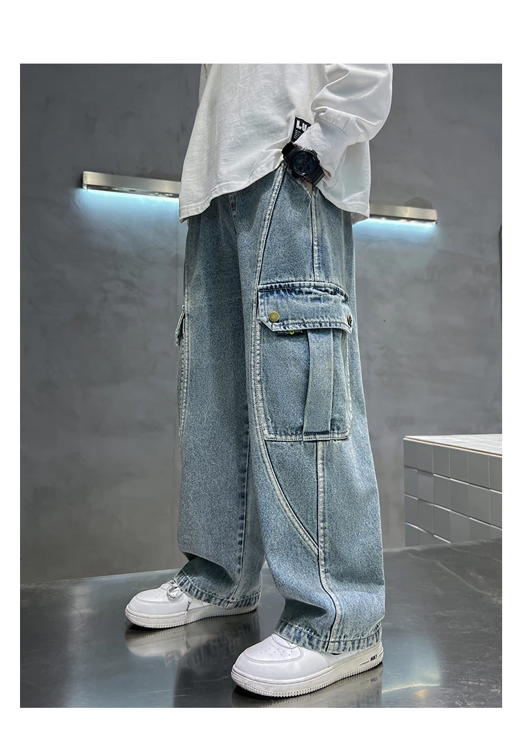 Neue lässige Kinder-Cargo-Jeans mit geradem Bein und Taschen für Teenager-Jungen, modische Street-Denim-Hosen, elegante Hosen für Kinder. – Detail 7