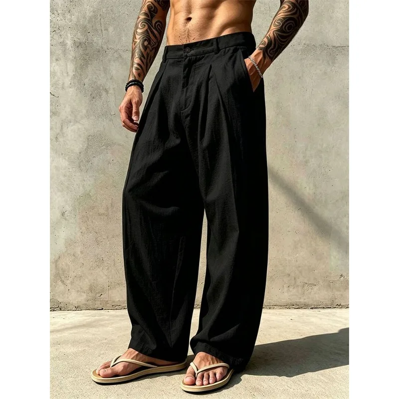 Men Old Money Style Linen Cotton Pants Simple Straight Leg Breathable Casual Trousers