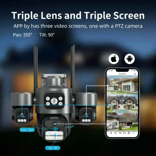 Imagen 2 del producto Cámara IP PTZ de tres lentes para exteriores, 6K HD, tres pantallas, WiFi, cámara de seguridad, seguimiento automático, cámara CCTV inalámbrica de doble lente de 12MP iCsee