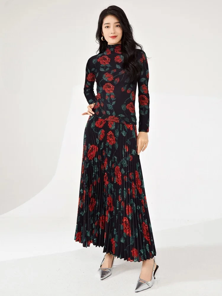 

Floral Print Women's Set Long Sleeve Sleeve T-shirt High Waist Pleated A-line Skirt Two Piece Elegant Dress Miyake 2025 Summer