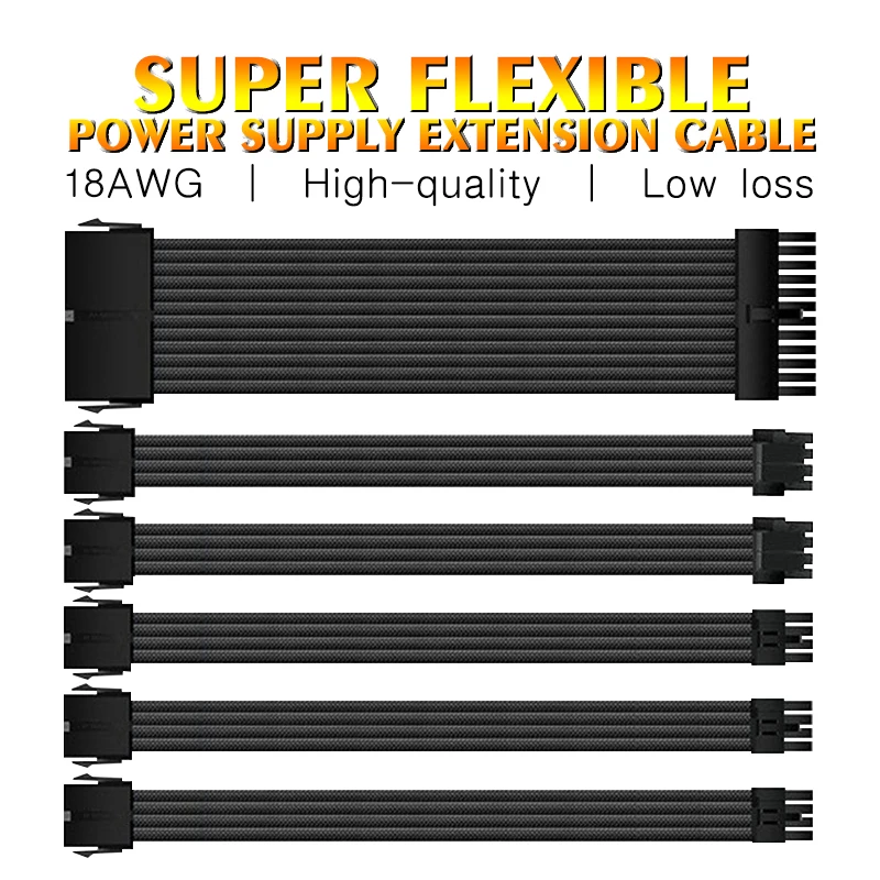 

Computer PC Flexible 18AWG Power Supply PSU Sleeved Extension Cable Combo Kit ATX 24PIN CPU GPU PCIE 8Pin 6PIN Module Cord