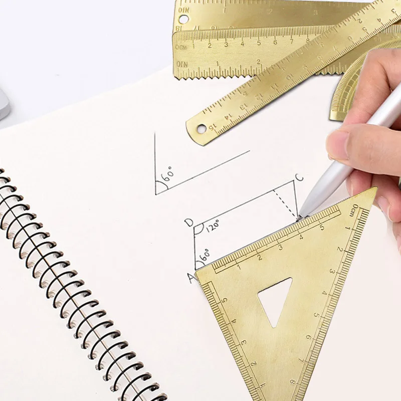 Technical Brass Ruler Set with Protractor and Triangular Rulers Crafted for Precision Measurement and Engineering Tasks