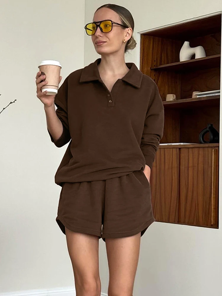 Vintage Brown Knitted Terry Shorts Suits Lapel Sweatshirts Baggy Shorts Autumn Winter Two Pieces Sets 2024 Female Outfits Office