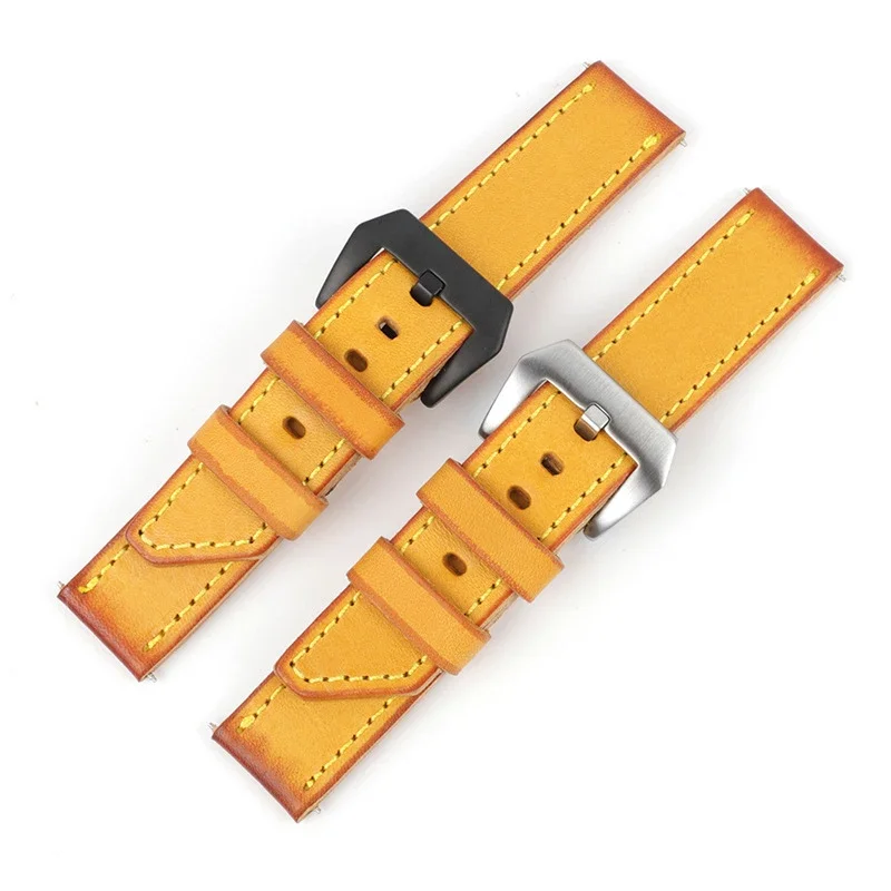 3mm Thick Genuine Leather Watchbands 20mm 22mm 24mm 26mm Yellow Brown Retro Women Men Cowhide Watch Band Strap Belt With Buckle